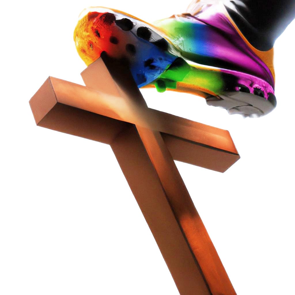 Pride-flag colored cleat stomping on a cross. AI-generated
