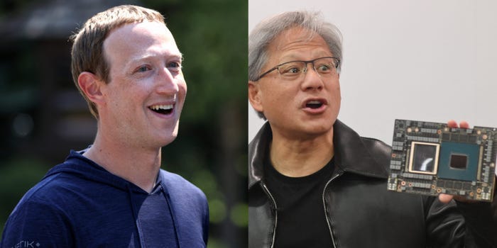 Meta CEO Mark Zuckerberg and Nvidia CEO Jensen Huang holding a chip Meta CEO Mark Zuckerberg and Nvidia CEO Jensen Huang holding a chip