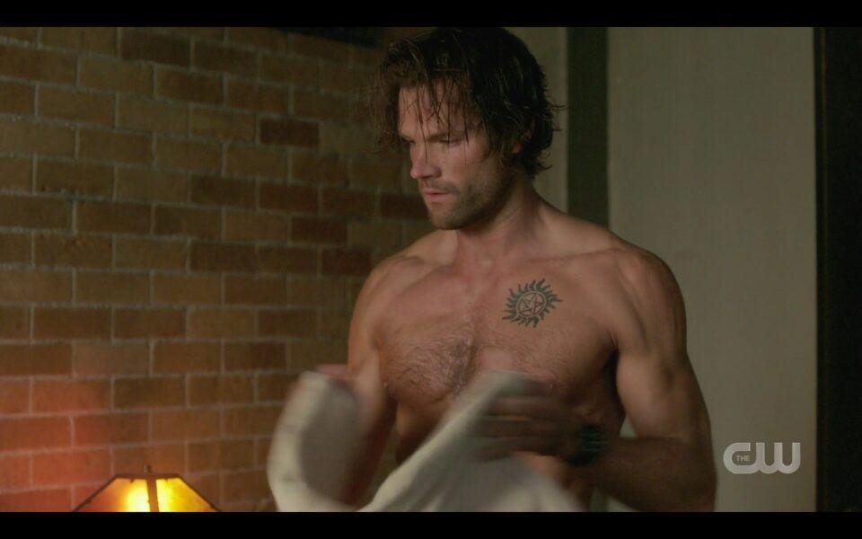 SPN Sam Winchester shirtless in bedroom finale