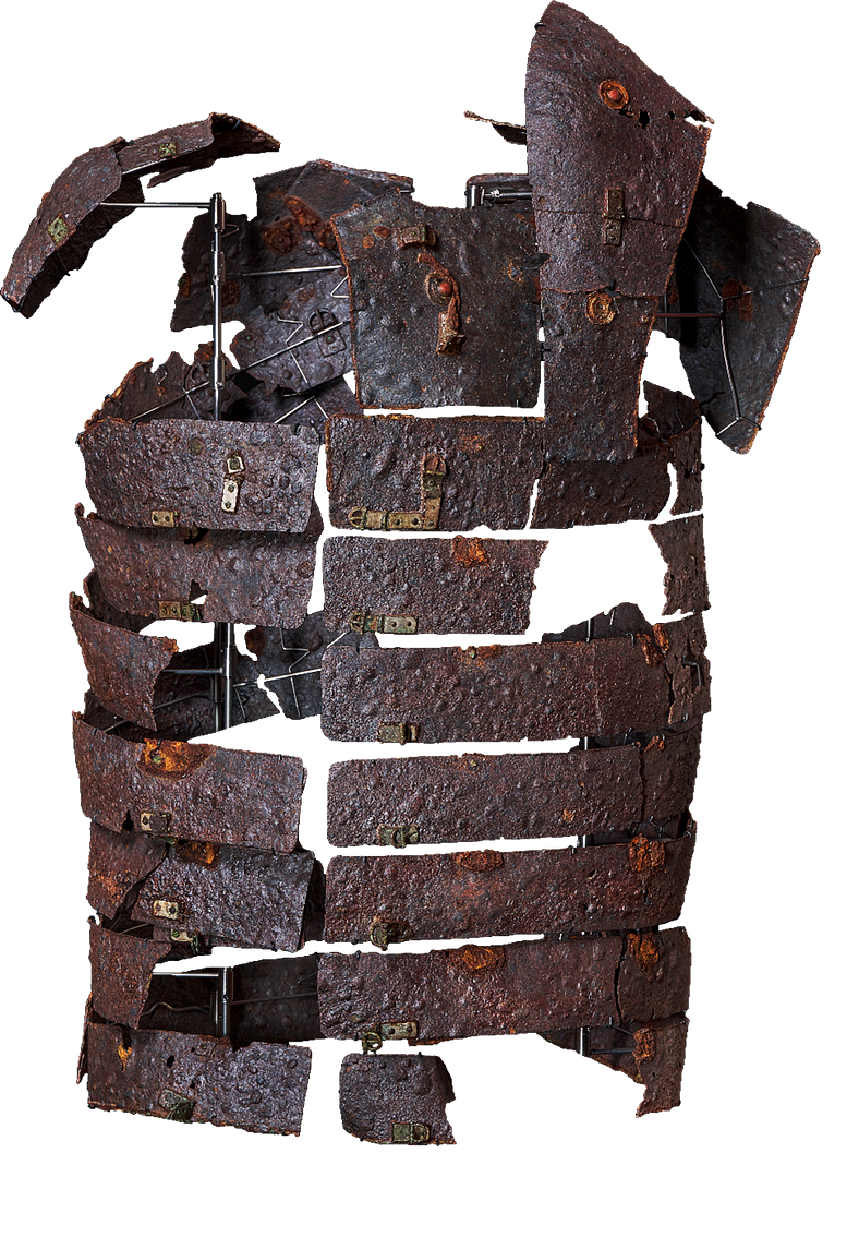 Orginal Roman armour featuring 40 different riveted strips. It shows the traditional muscled torso outline of the Roman soldier. We can also see the protective shoulder parts (like metal epaulettes).