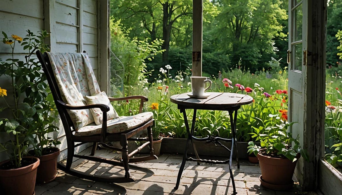 Porch with chair, table, cup and saucer