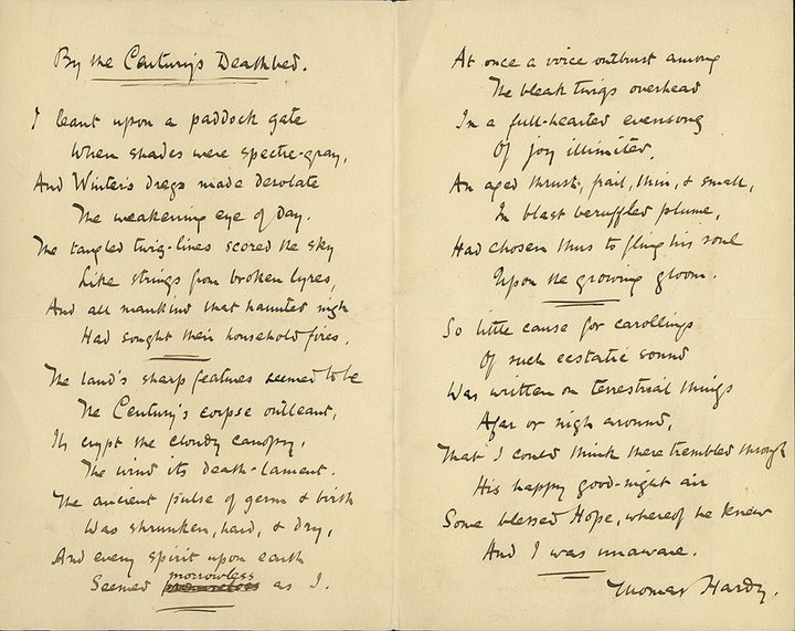 A draft of Thomas Hardy's "The Darkling Thrush," here entitled "By the Century's Deathbed"