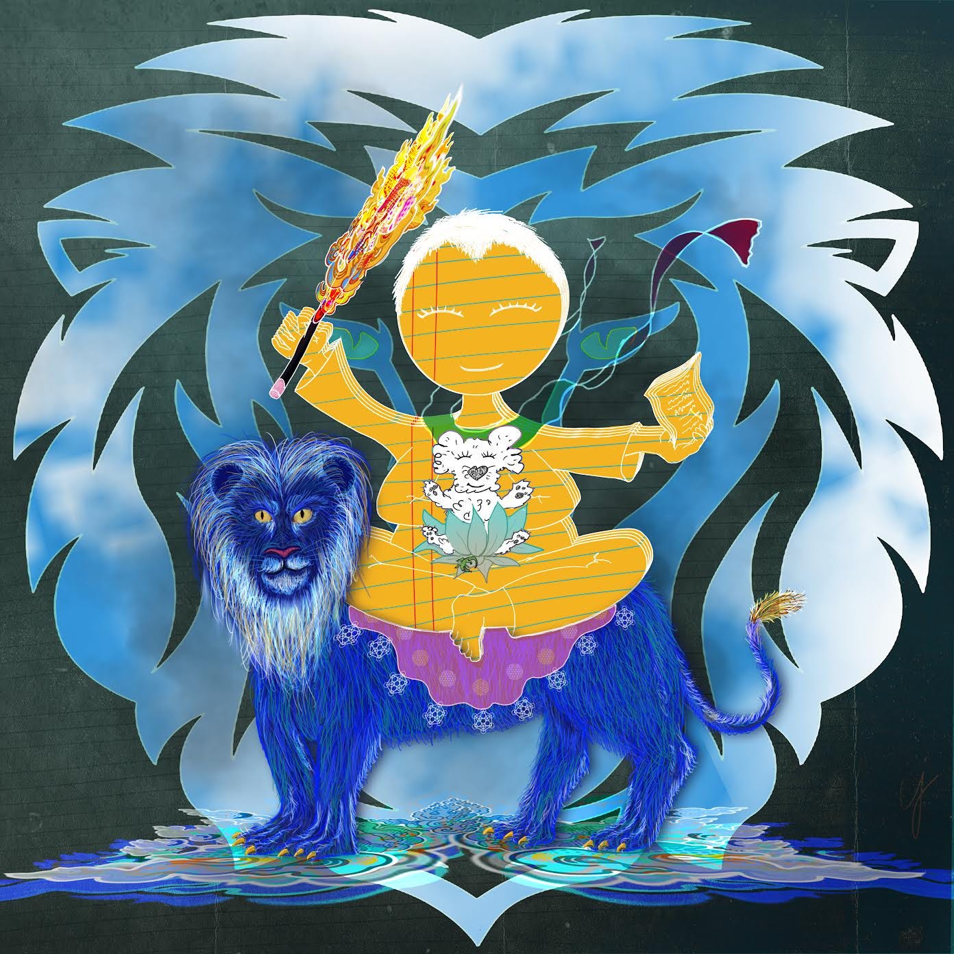 A colorful illustration of Mickey and his dog, Ellie. He is sitting cross-legged on top of a blue lion, holding a pen and paper. The background is the mane of a lion. At the bottom, Ellie sits with a lizard between her paws. The whole thing is done in blue shades and vibrant gold.