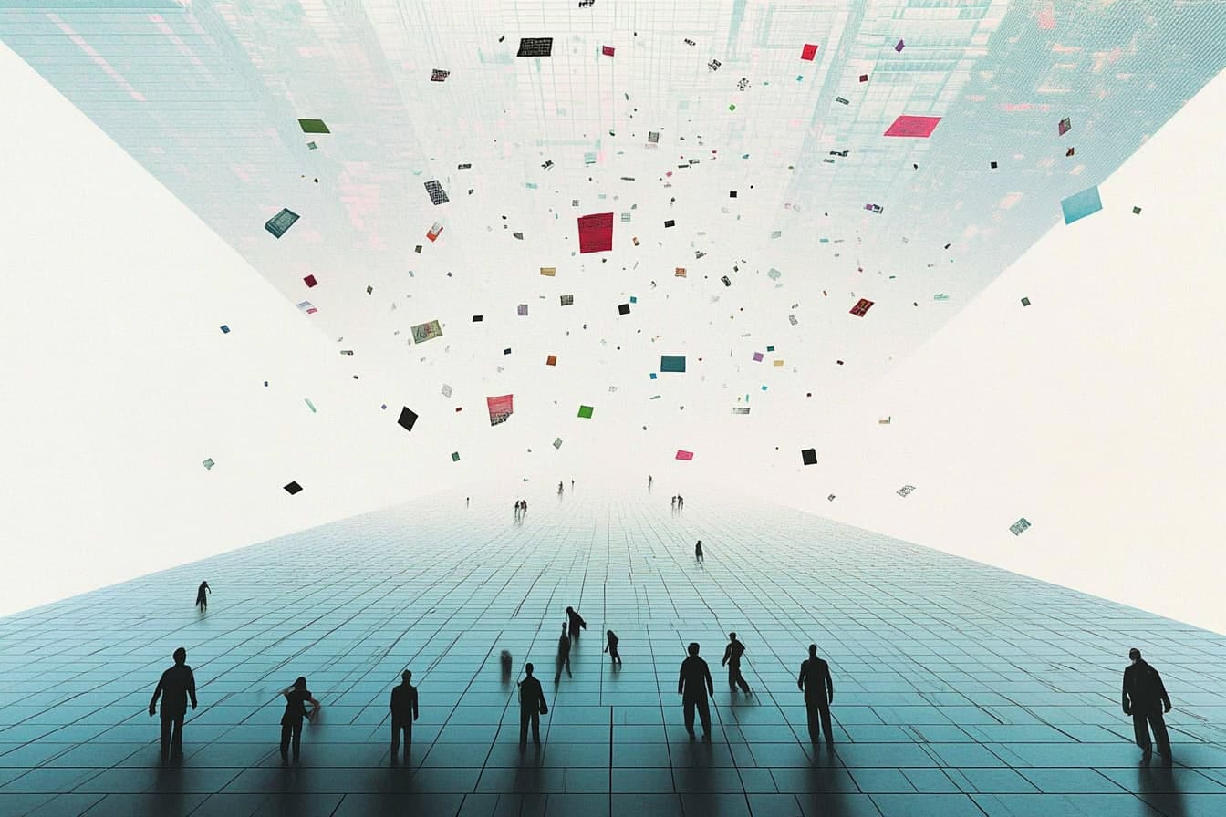 silhouettes of people standing on a grid with papers floating through the air