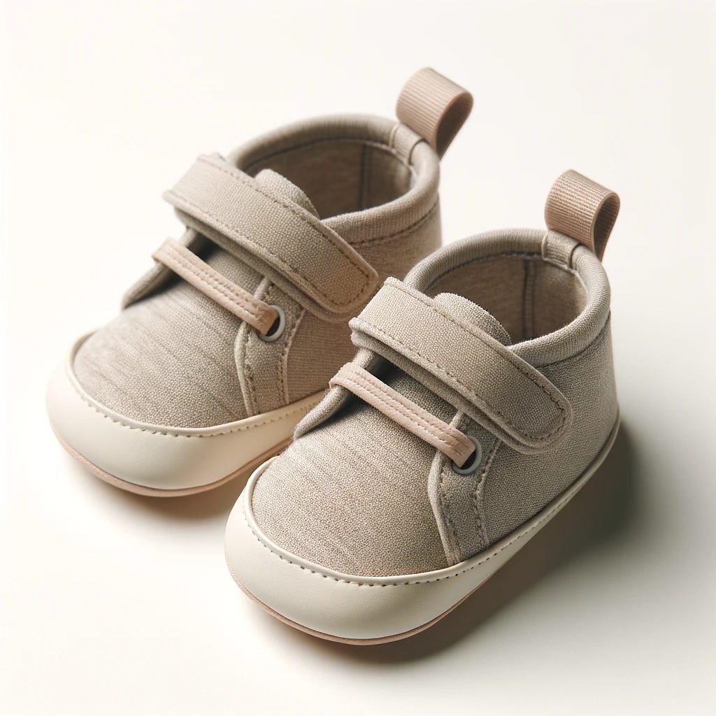 A pair of brand new baby shoes, showcasing a modern and minimalist design. The shoes are small, soft, and have a gentle color palette, suitable for a newborn. They feature a soft sole for comfort and flexibility, with adjustable straps for a secure fit. The overall look is sleek, with a focus on simplicity and comfort, perfect for a baby's delicate feet.