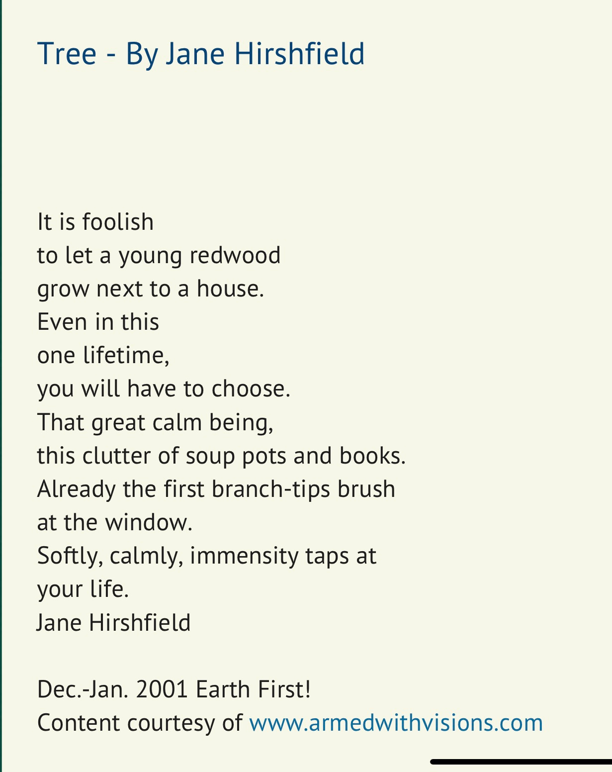 Tree poem, by Jane Hirshfield