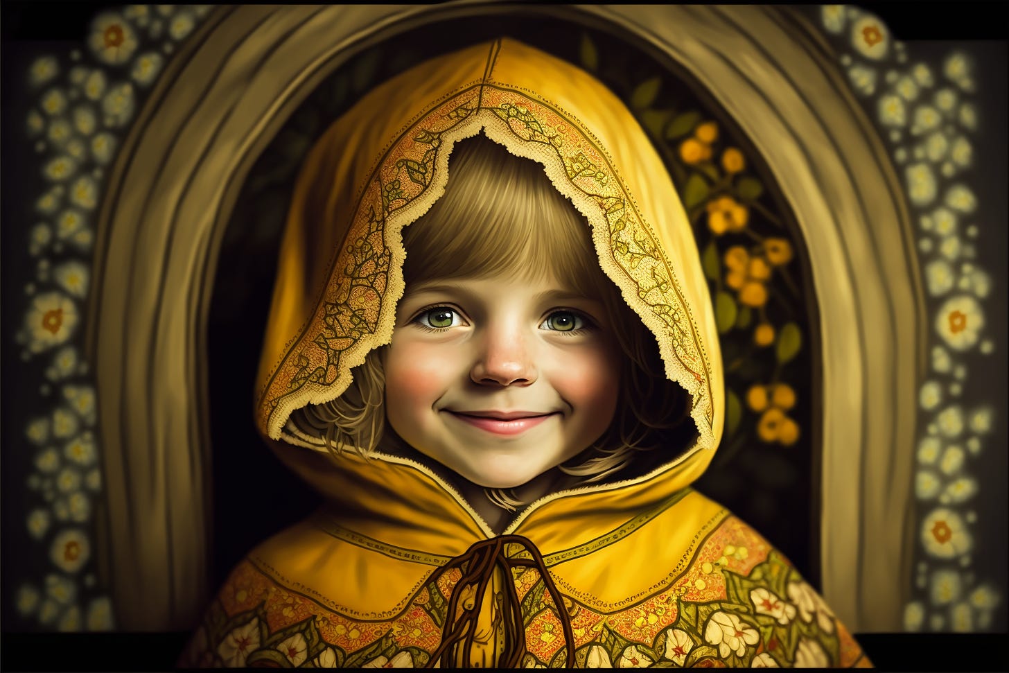 a happy little girl wearing an ornamental yellow poncho with a large hood