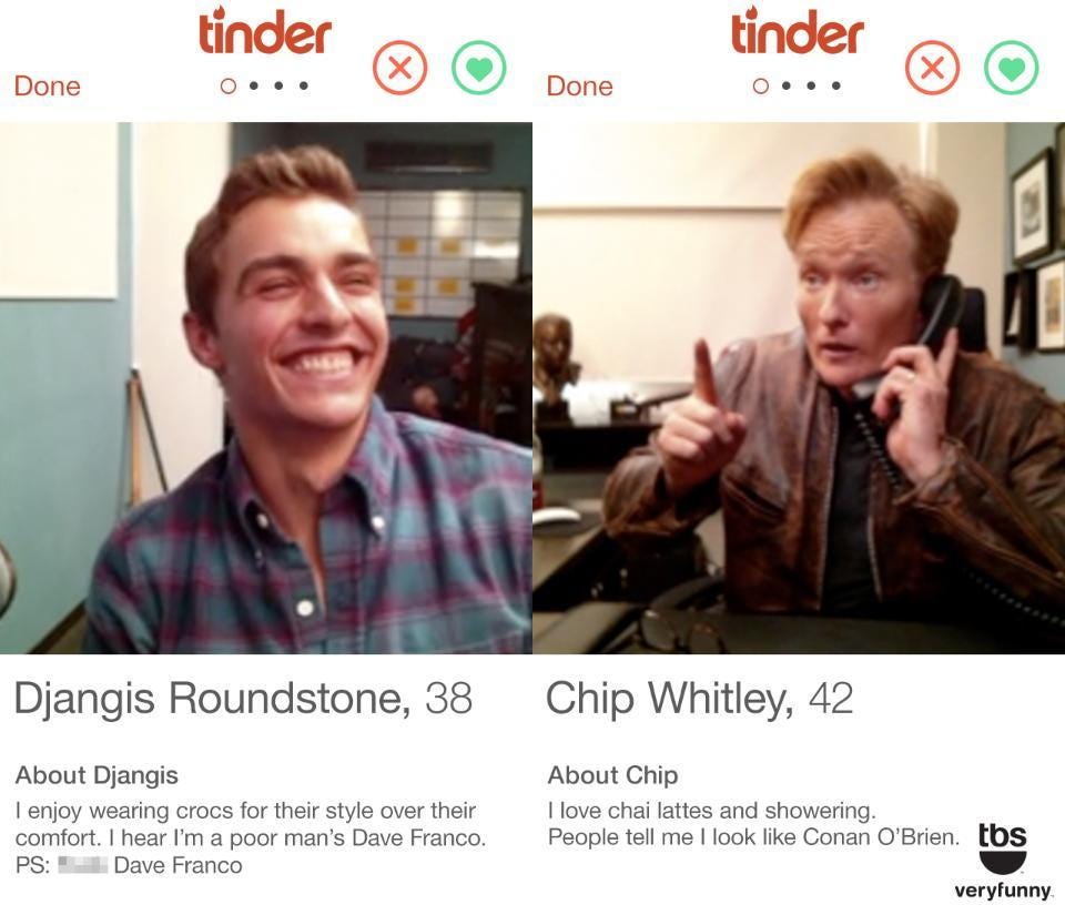 TBS Network on X: "Look out @Tinder. @ConanOBrien is on the prowl, and he  brought #DaveFranco with him. @TeamCoco http://t.co/LKnB1nJvfE  http://t.co/RFldj2PzrP" / X