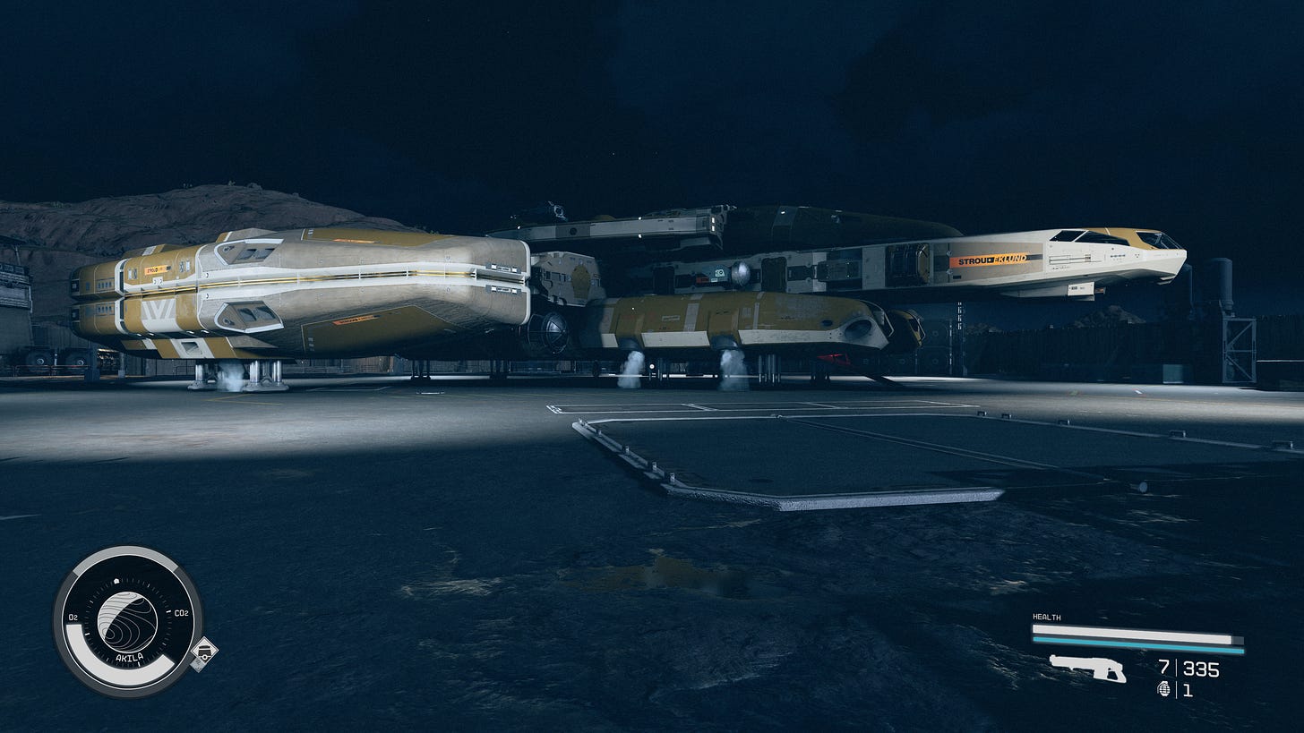 A large patrolling freighter space ship parked on a landing pad, with exhaust pushing out