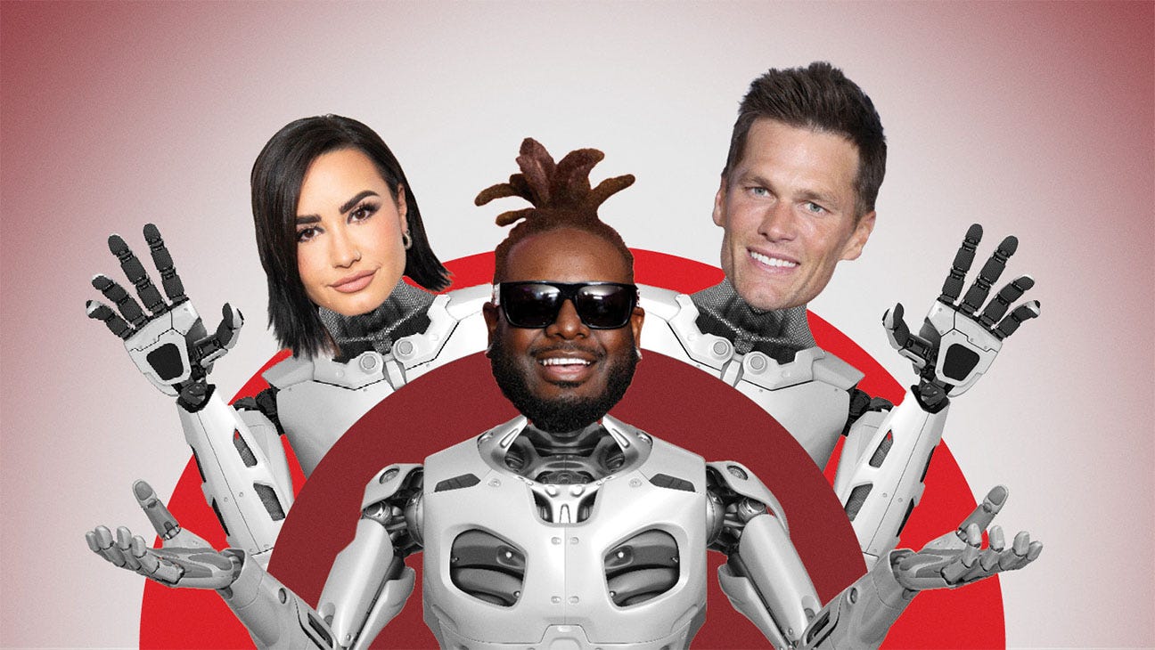 The Rise of AI-Powered Stars: Big Money and Risks. From top left: Demi Lovato, T-Pain, and Tom Brady are among the celebrities lending their likenesses to AI.