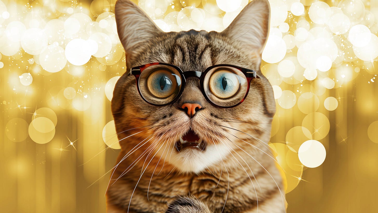 Surprised cat wearing round glasses with golden sparkling lights in the background.