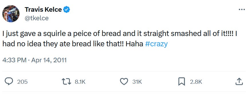 A tweet by Travis Kelce that reads: "I just gave a squirle a peice of bread and it straight smashed all of it!!!! I had no idea they ate bread like that!! Haha #crazy"