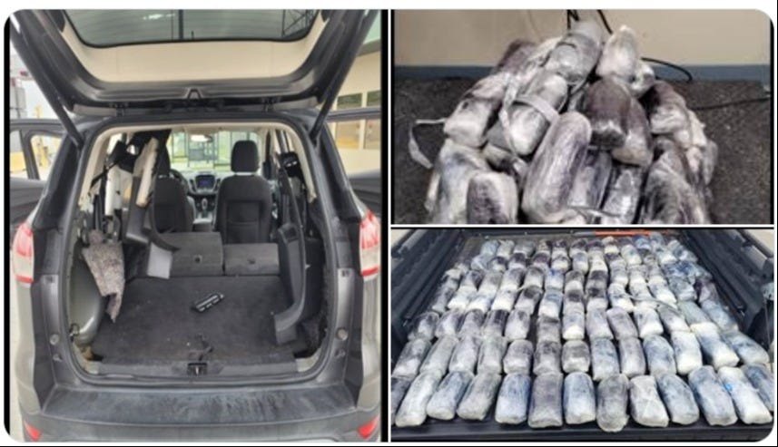 104 pounds of meth were found inside a SUV passing through the Falfurrias, Texas Border Patrol Checkpoint. 104 pounds of meth were found inside a SUV passing through the Falfurrias, Texas Border Patrol Checkpoint.