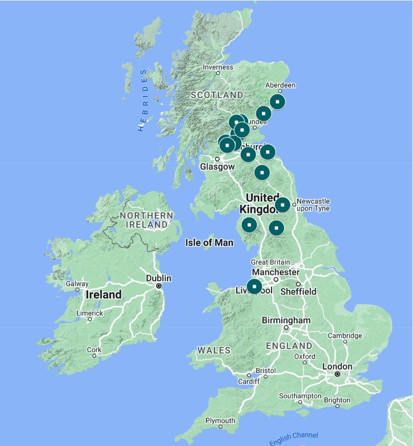 My map filtered to show just identifiable locations mentioned in the tenth-century Chronicle of the Kings of Alba. They range from Stonehaven in the north to the Wirral in the south.