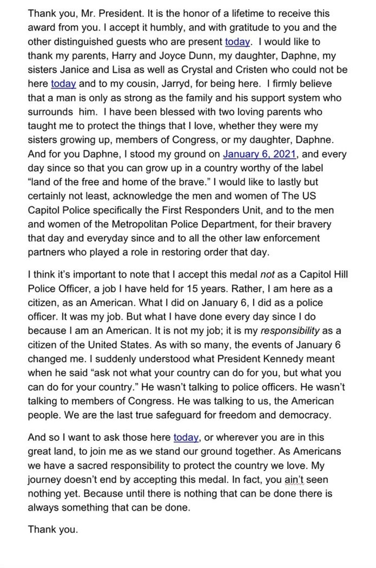 Statement by Capitol Police Officer Harry Dunn on receiving the Presidential Citizen Medal.