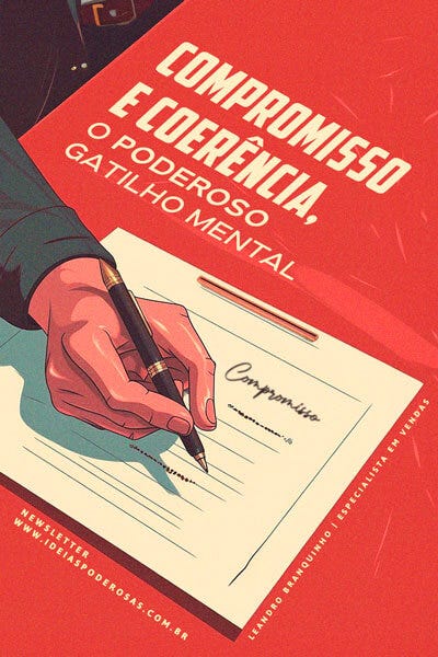 Edição da newsletter "Ideias Poderosas", na qual a ilustração apresenta uma mão com caneta assinando um documento de compromisso, a paleta de cor usada foi o salmão, bege e cinza.