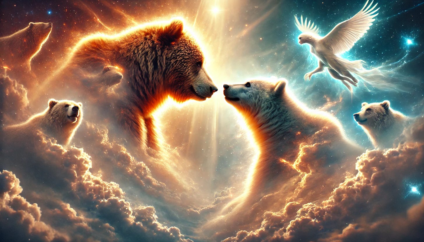 Two bears facing each other, exuding love and tenderness. From above, heavenly light descends as platonic souls fall gently into their physical bear forms. The scene is celestial and mystical, with ethereal clouds and glowing energy around them. The bears are majestic, their eyes meeting with a deep connection, set against a serene background blending the heavens and earth. The focus is on the divine and intimate bond between them, conveying a mix of spirituality and natural beauty.