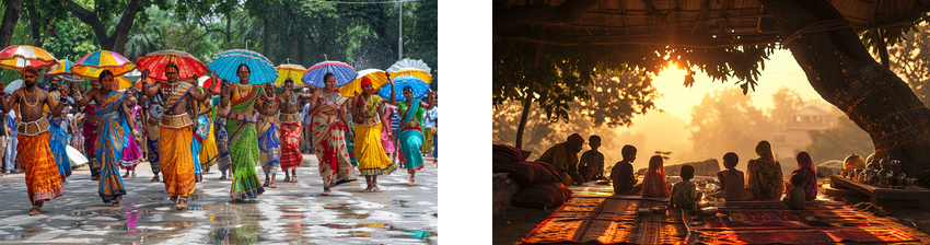 The left side shows a lively group of women dressed in colorful traditional attire, dancing energetically while holding vibrant umbrellas in a festive street parade. On the right, a serene scene depicts people sitting on rugs under a large tree, engaged in conversation as the warm light of the setting sun filters through the foliage, creating a peaceful atmosphere.