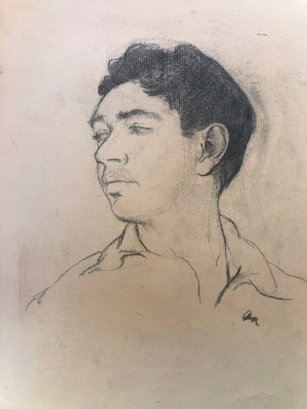 Charcoal portrait of a man's head turned to the side.