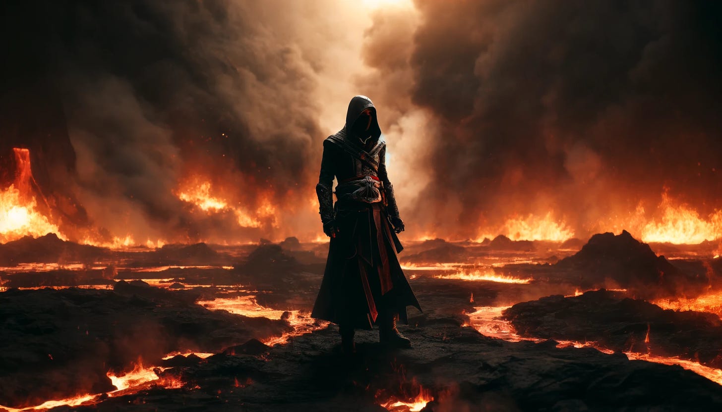 A lone assassin dressed in all black standing calmly in a desolate lava landscape. The scene is dramatic with streams of flowing lava, fire, smoke, and ash creating an intense and apocalyptic atmosphere. The assassin appears completely calm and composed, contrasting sharply with the chaotic surroundings. The focus is entirely on the assassin and the fiery environment, with no signs of battle or other people.