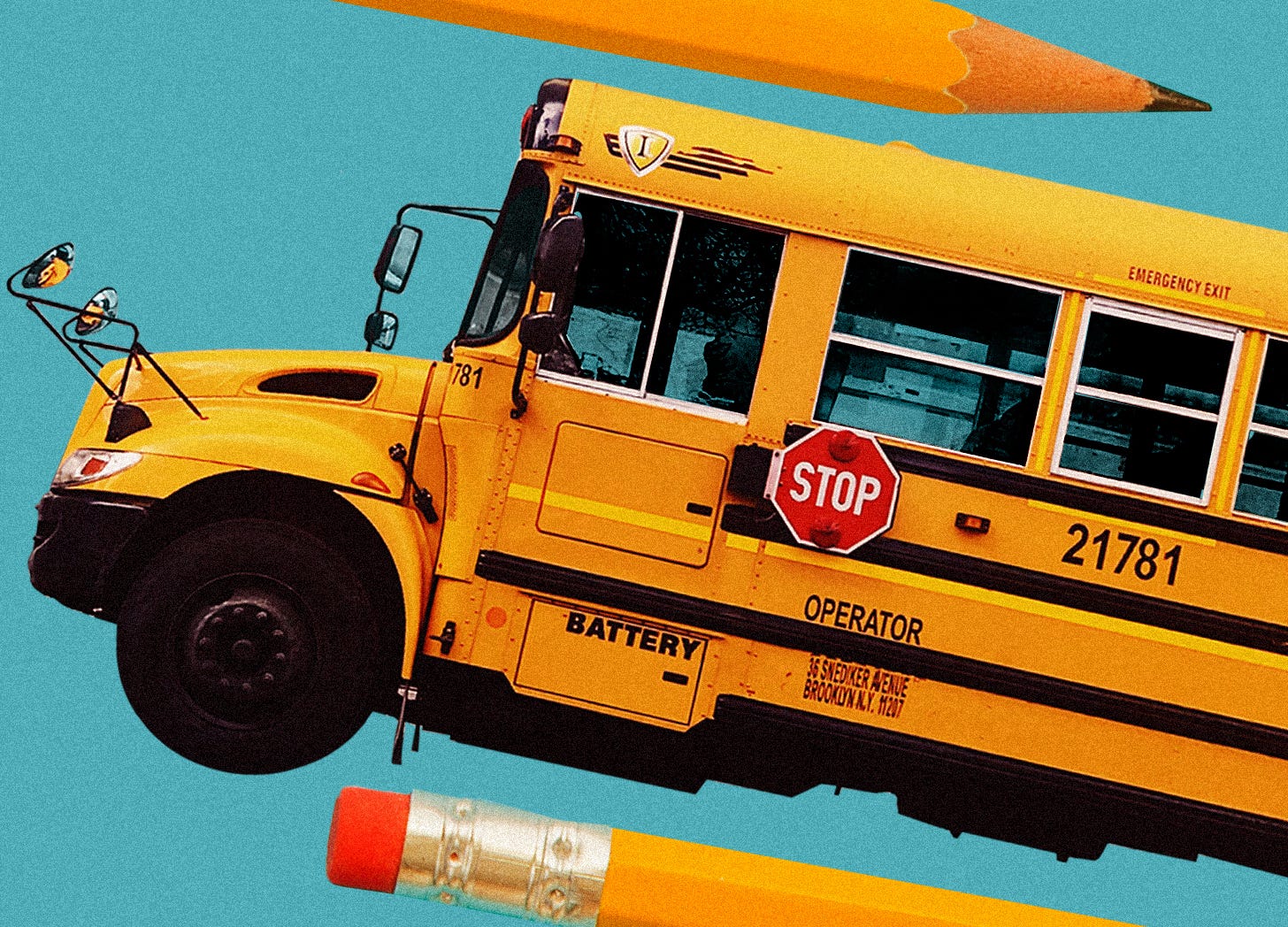a photo illustration with a yellow school bus between two pencils on a light blue background