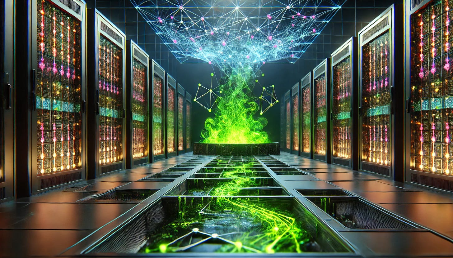 A horizontal landscape illustrating the concept of AI poisoning as a cybersecurity threat. The scene features a futuristic, high-tech server room with glowing neural network patterns on screens, gradually becoming corrupted with a vivid, toxic green liquid seeping into the digital structures. The poison is represented as an otherworldly, glowing substance with a smoky aura, invading the clean, precise lines of the digital environment. The atmosphere is dark and ominous, with a sense of tension and danger. The digital corruption appears like fractal-like cracks spreading across the system. The composition is sleek and modern, emphasizing the danger and mystery of AI security breaches.