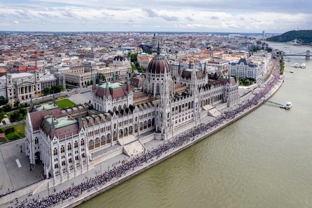 Protesters are seen marching in the streets of Budapest, Hungary, June 1, 2024. (X, @AdamSamuBalazs)