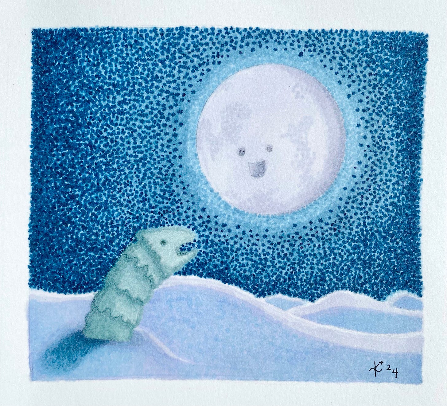 Hand-drawn pointillist marker cartoon of a nighttime scene depicting a simplified and happy sandworm in the desert gazing up adoringly at the second moon, who beams back adoringly at them.