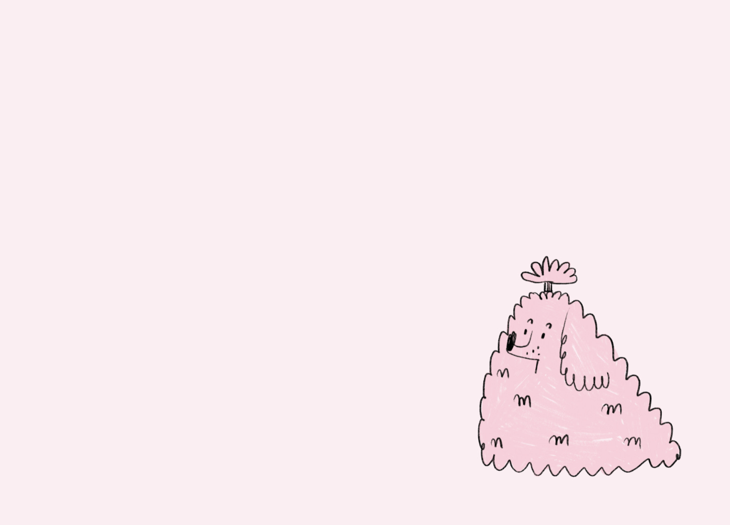 Illustration of a very fluffy little pink dog.