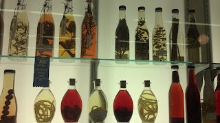 Two shelves of glass bottles with various contents in different colors.