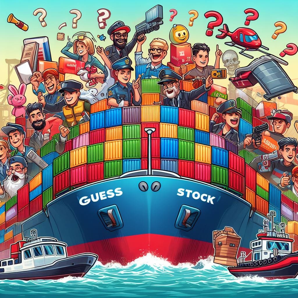 A visually appealing fun and cartoonist image for the section 'Guess the stock', which asks to predict which container shipping company can be based on some info given in advance.