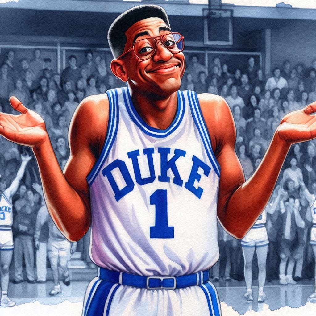 Urkel in a Duke basketball uniform shrugging his shoulders, watercolor