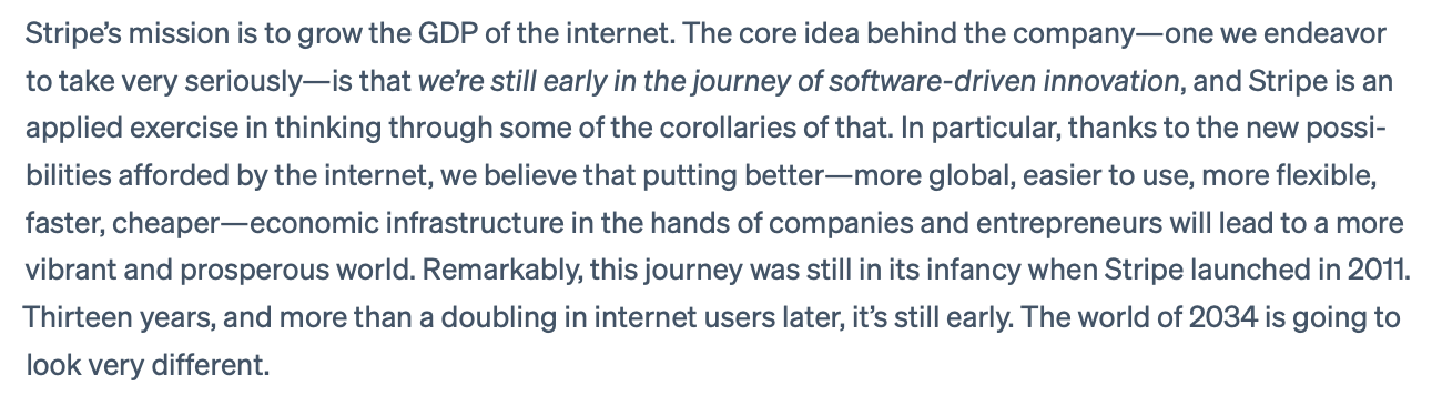 Stripe's vision, mission, and strategy from their 2023 letter
