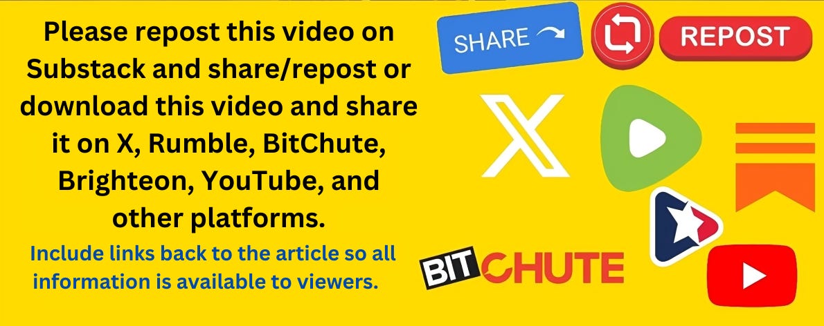 Image showing instructions to repost a video on various platforms including Substack, X, Rumble, BitChute, Brighteon, and YouTube. Icons for Share, Repost, and logos for each platform are displayed.