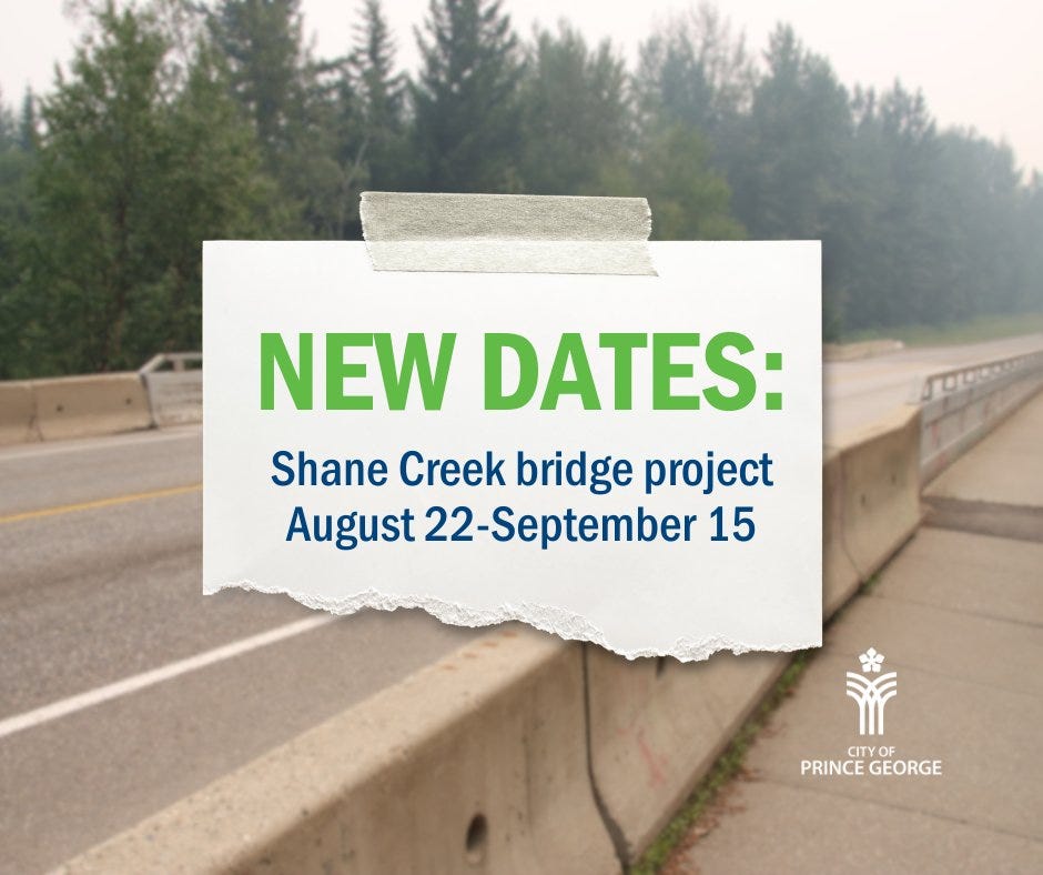 Shane Creek Bridge on University Way on a smoky summer day. Graphic text reads: NEW DATES: Shane Creek bridge project August 22-September 15.