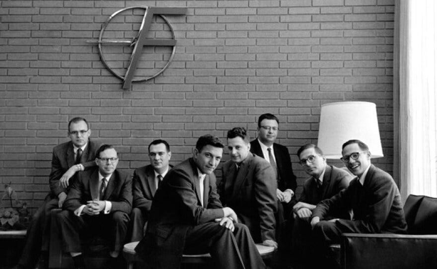 The Fairchild 8, who left the lab of Nobel Prize winner William Shockey to form Silicon Valley's first start-up, Fairchild Semiconductor. From left to right: Gordon Moore, C. Sheldon Roberts, Eugene Kleiner, Robert Noyce, Victor Grinich, Julius Blank, Jean Hoerni and Jay Last. 1960