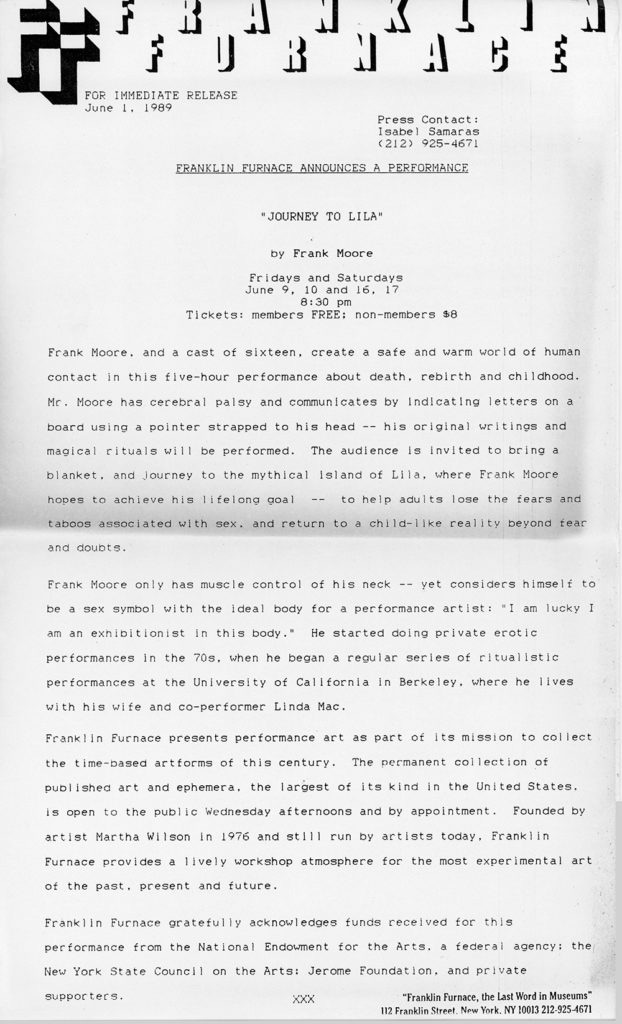 Franklin Furnace Press Release announcing the performance