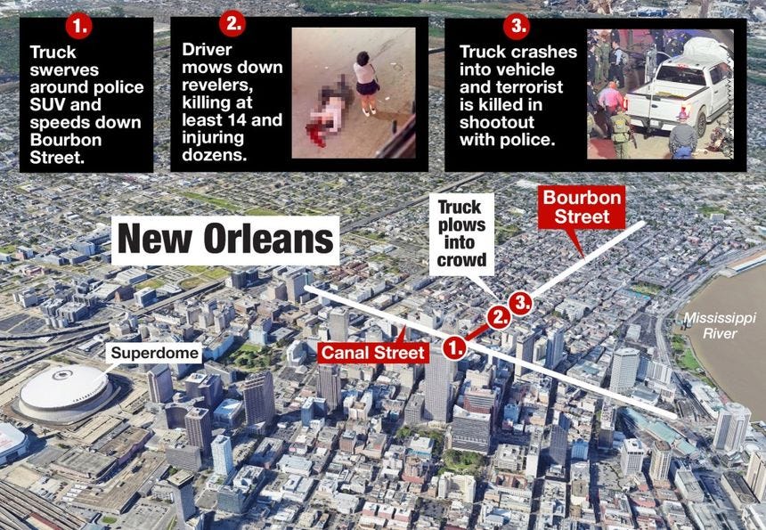 A map of the New Year's Day terror attack in New Orleans.