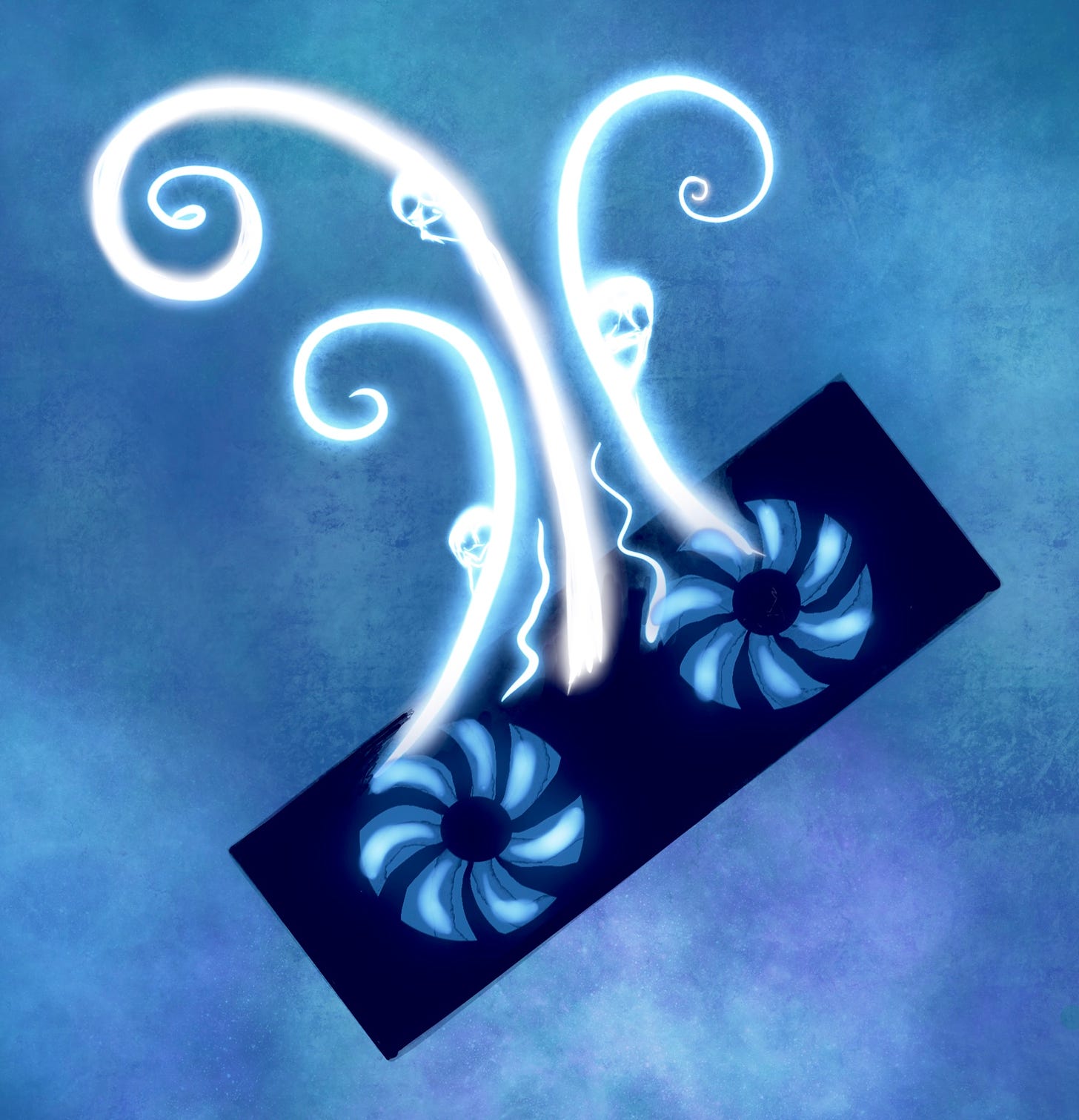 Simplified black GPU image with white glowing "ghostly" tendrils, blue background: abstract representation of "Pandora's bot"