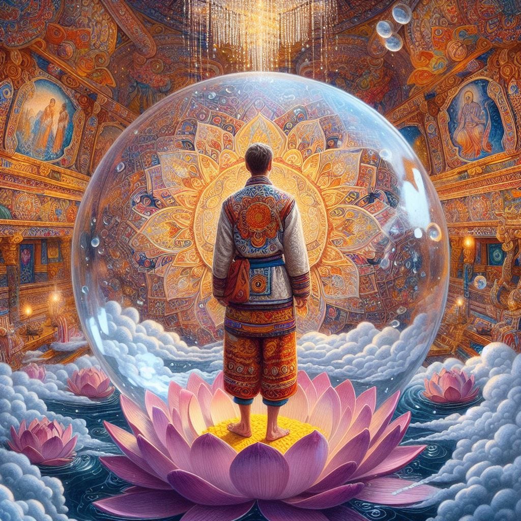 in a bubble on a lotus; vast distance. tsongs man, standing / head tilted to the side in serenity inside a wispy cloud. in traditional Khinalugs clothes covered in red and orange and white/ blue - purple leaf pattern. mong pattern embroidered on shirt and pants in a vibrant gold color.mono pattern embroidered on it. bare feet. maia chandelier made of tiny prisims and stars. inside of Kailasha Temple dedicated to Lord Shiva in Kalugumalai.water flowing/ space breaking in. 