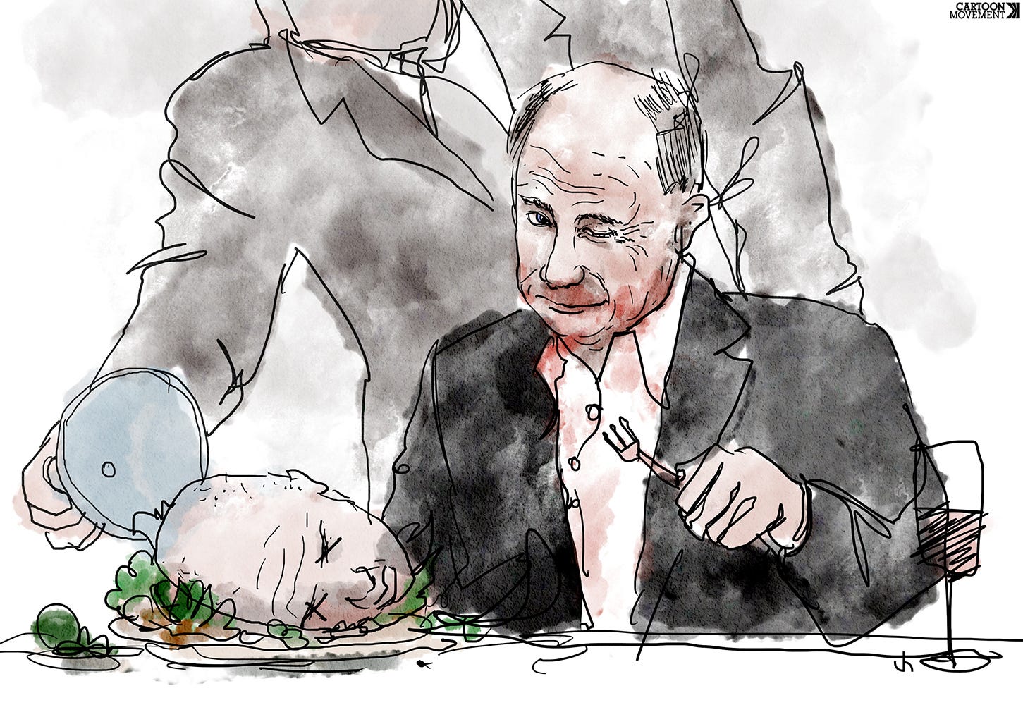 Cartoon about Putin sitting at the dinner table, smiling and winking at the vierwer of the cartoon while a waiter unveils a dish that contains the head of Yevgeny Prigozhin.