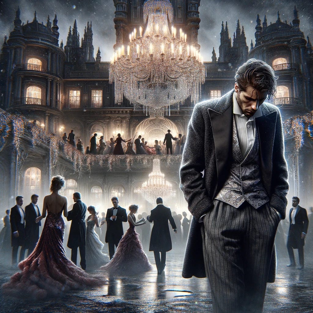 Create a computer art image with a touch of realism, depicting a dejected man in a fancy suit. He is walking towards the camera, head hanging down, shoulders slumped, walking away from a glorious party in a castle. The setting is a dark, cold night. The man's sad expression is visible as he walks towards us. In the background, the party inside the castle is in full swing, with people dancing in fabulous dresses and huge chandeliers lighting up the interior. The contrast between the man's solitude and the lively party creates a poignant atmosphere.