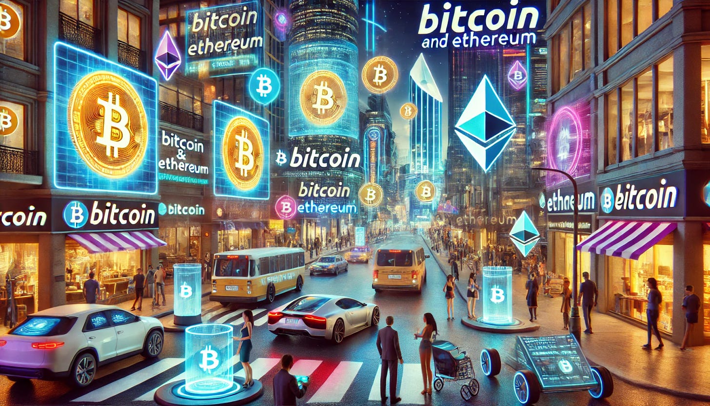 A hyperrealistic futuristic world where Bitcoin and Ethereum have achieved global success. The scene shows a bustling metropolis with sleek skyscrapers displaying digital cryptocurrency symbols. Citizens use holographic devices for transactions, and vibrant, neon-lit streets are filled with autonomous vehicles. Bitcoin and Ethereum logos are integrated into daily life, seen on billboards, shop fronts, and floating in the sky as augmented reality ads. Banks have been replaced by decentralized platforms, and people freely exchange assets without intermediaries. The economy thrives on smart contracts, digital wallets, and blockchain networks connecting everything seamlessly.