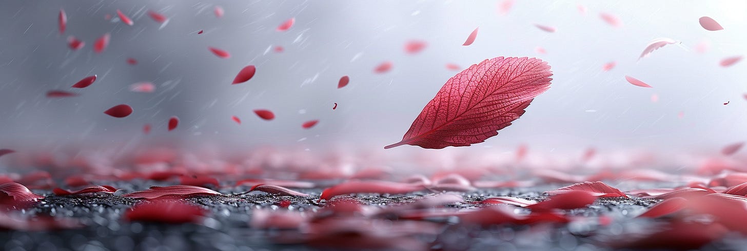 A serene and poetic image depicting a single red leaf floating gently amidst a shower of smaller leaves, set against a soft, rain-drenched backdrop that enhances the vivid colors and delicate textures of the leaf.