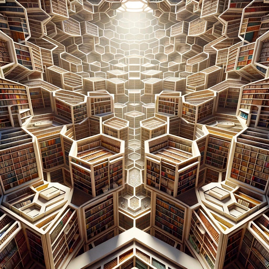 Imagine a vast, endless library, stretching infinitely in all directions, filled with hexagonal rooms. Each room is connected to others, forming a honeycomb-like structure that encompasses the entire universe. Inside these rooms, the walls are covered with bookshelves, densely packed with books of various sizes and colors. The books contain every possible combination of letters, spaces, and punctuation marks, creating a chaotic yet mesmerizing array of information and nonsense. Between the shelves, narrow pathways lead to other hexagons, with elegant, winding staircases connecting different levels. Soft, ambient light filters through ornate, ceiling-mounted lamps, casting gentle shadows and creating a serene, contemplative atmosphere. This library is a representation of the concept of infinity, a place where knowledge and randomness coexist, offering a visual metaphor for the universe's vastness and complexity.