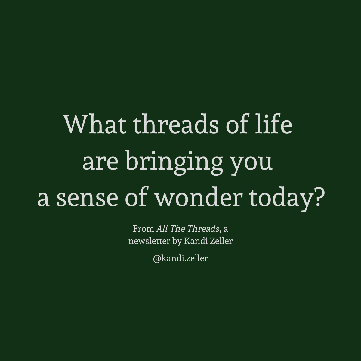 A dark green background with white lettering that reads, “What threads of life are bringing you a sense of wonder today?” This is followed by the words, “From All The Threads, a newsletter by Kandi Zeller, @Kandi.Zeller”