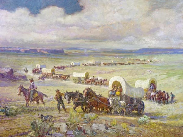 Wagon Train Crossing the American Plains, 1951 Oil on Canvas. Art Prints  from Granger