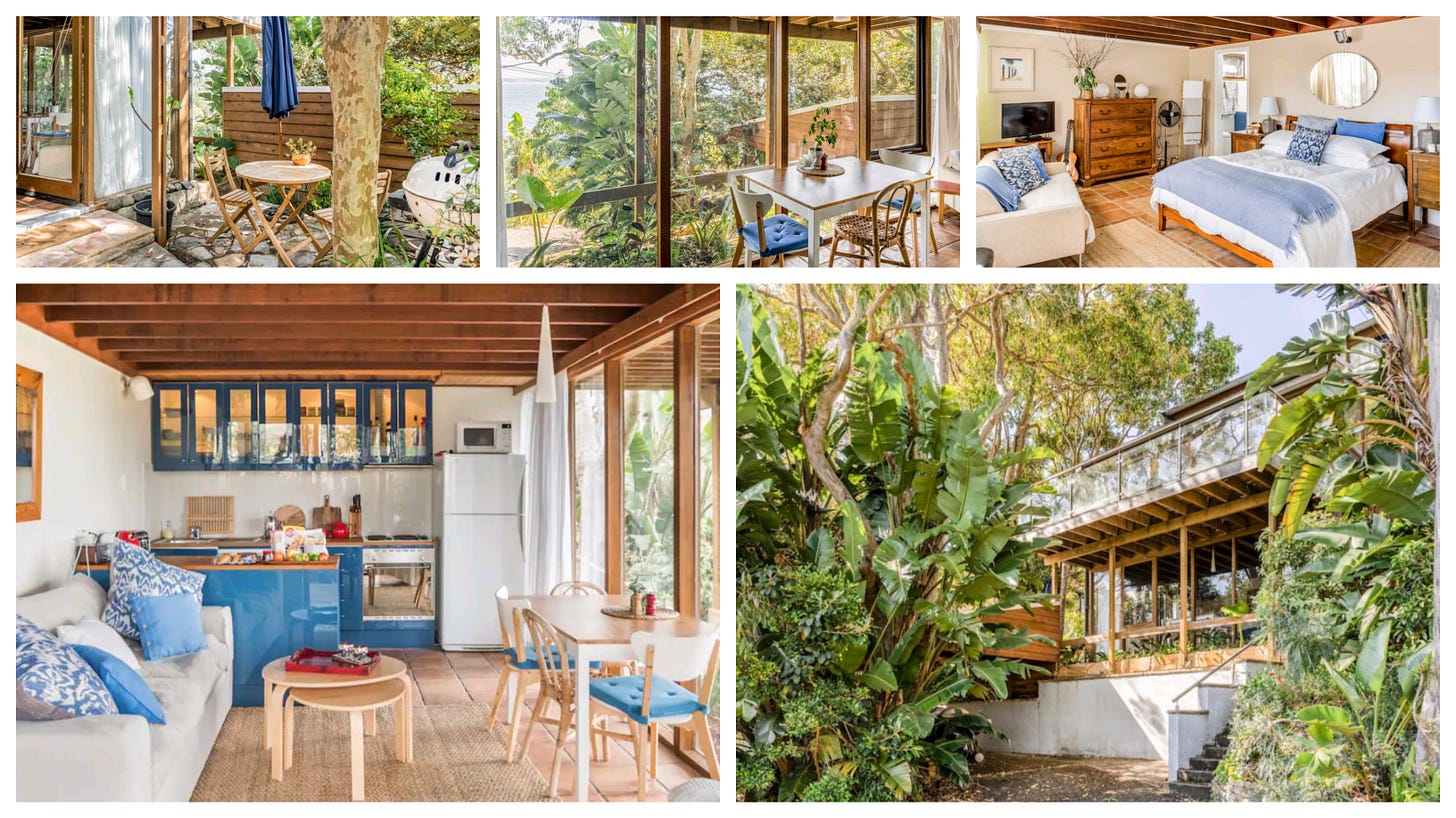 Collage showing our Airbnb including the front room with a white couch and chairs, a table in front of large glass windows, the patio, and from down below showing all the glass windows. 