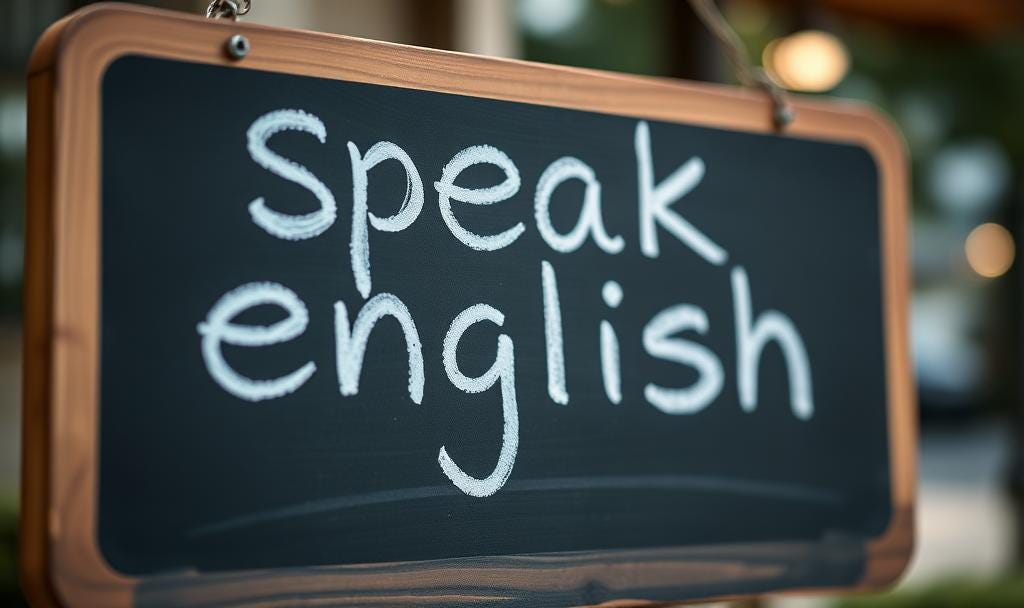 A sign with the words "speak English" written in chalk