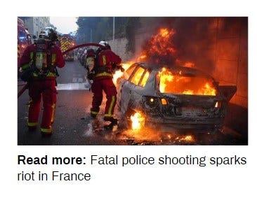 May be a meme of 2 people, fire and text that says 'Read more: Fatal police shooting sparks riot in France' May be a meme of 2 people, fire and text that says 'Read more: Fatal police shooting sparks riot in France'